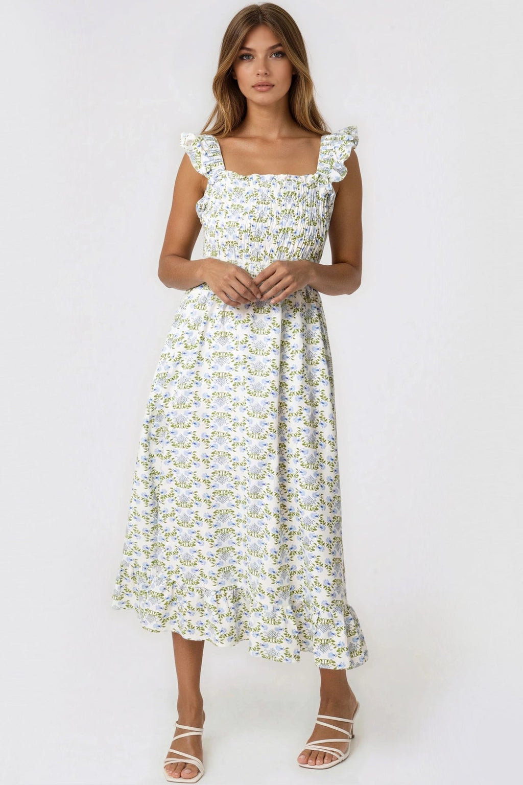 Blue Floral Open Tie Back Midi Dress