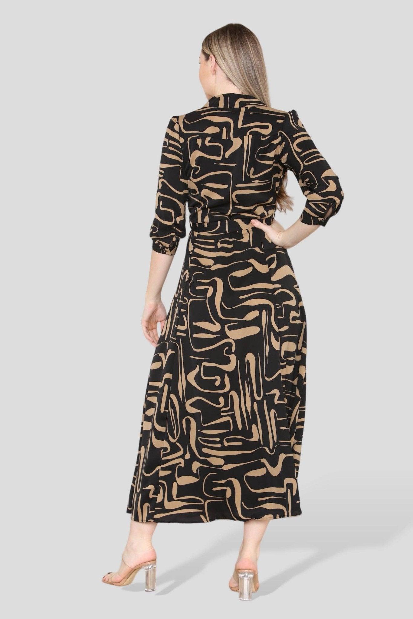 Brown Swril  Tiger Print Print Maxi Shirt Dress