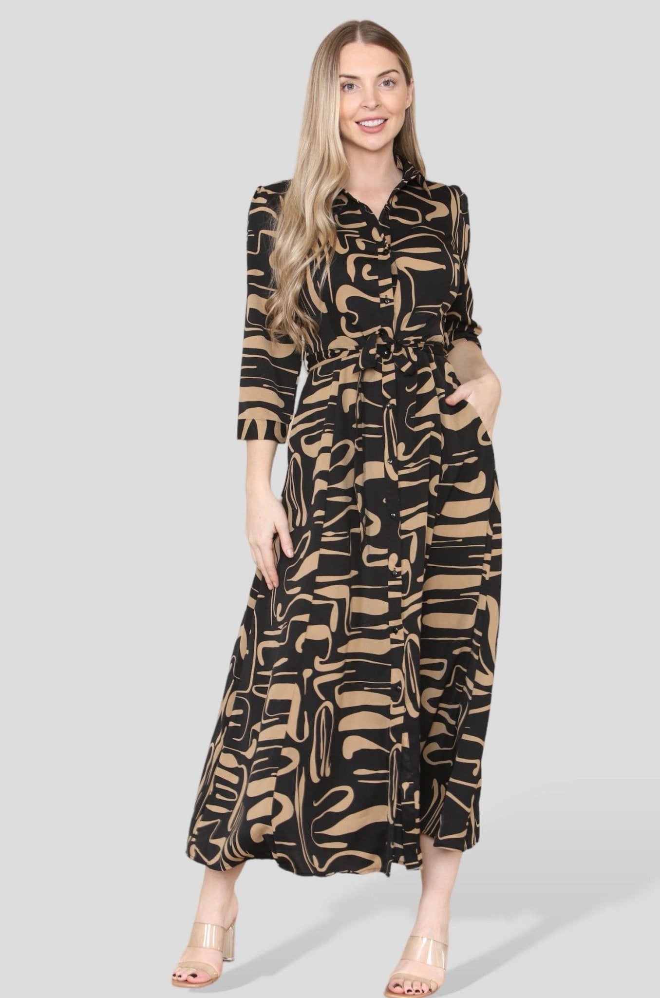 Brown Swril  Tiger Print Print Maxi Shirt Dress