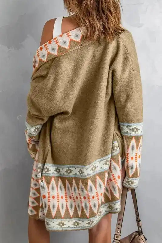 Khaki Aztec Knit Duster Cardigan Women UK