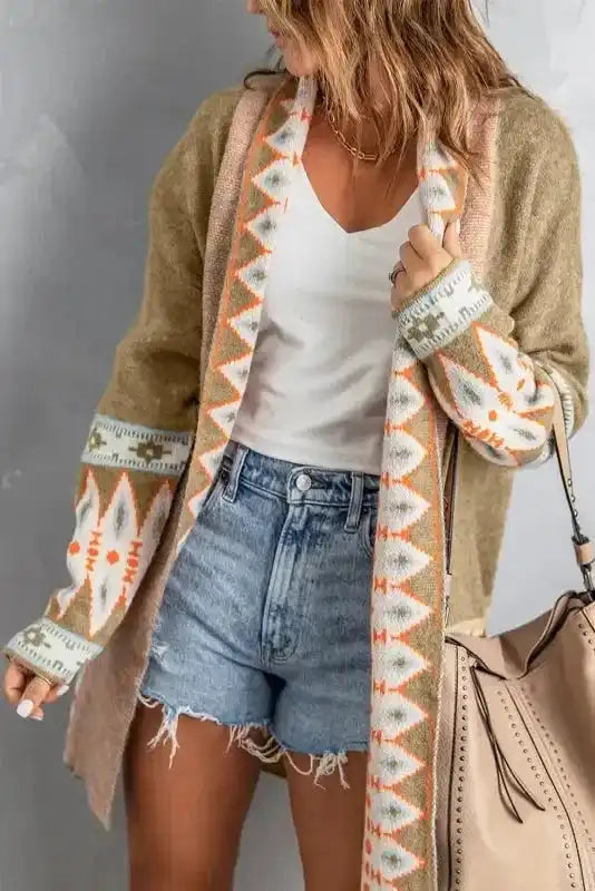Khaki Aztec Knit Duster Cardigan Women UK