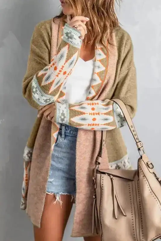 Khaki Aztec Knit Duster Cardigan Women UK