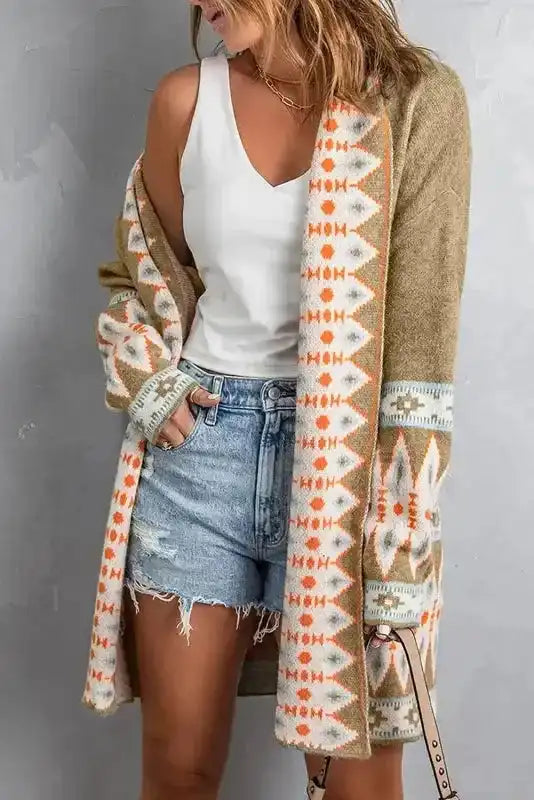 Khaki Aztec Knit Duster Cardigan Women UK