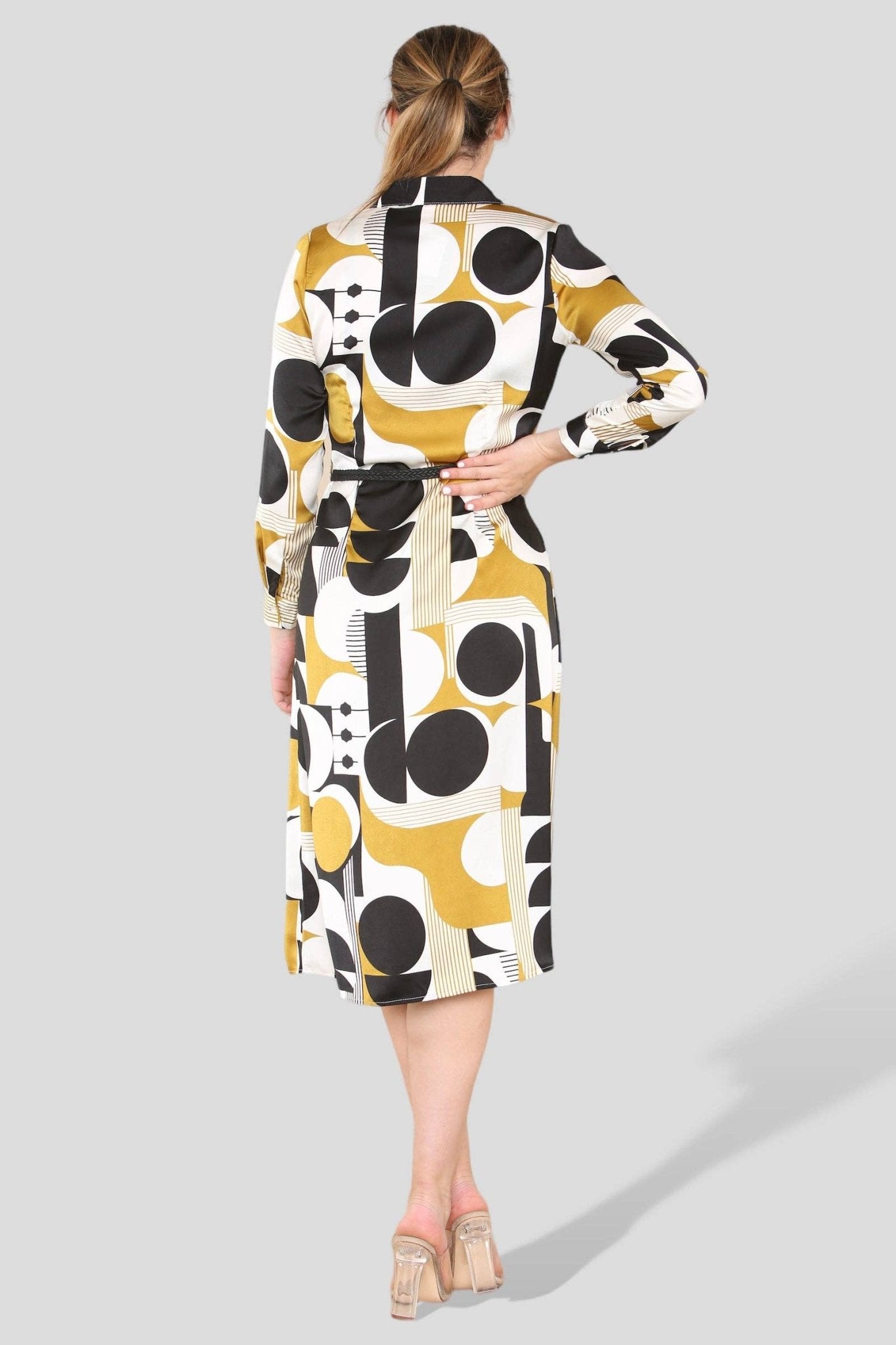 Mustard Graphic Print PU Belt A Line Midi Shirt Dress