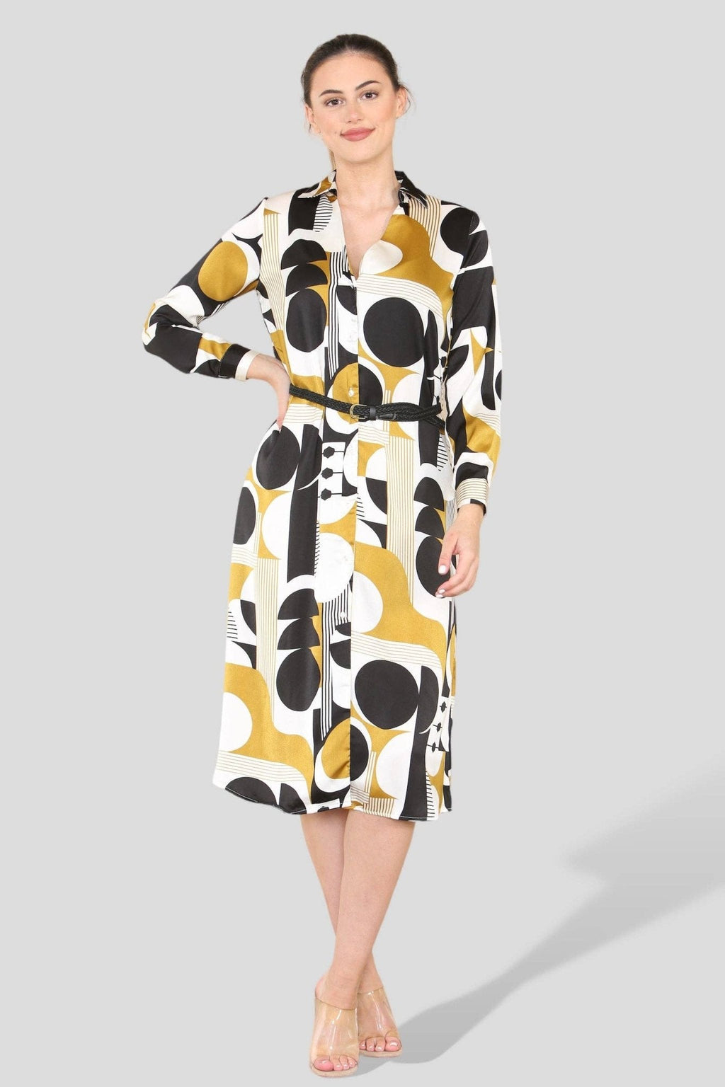 Mustard Graphic Print PU Belt A Line Midi Shirt Dress