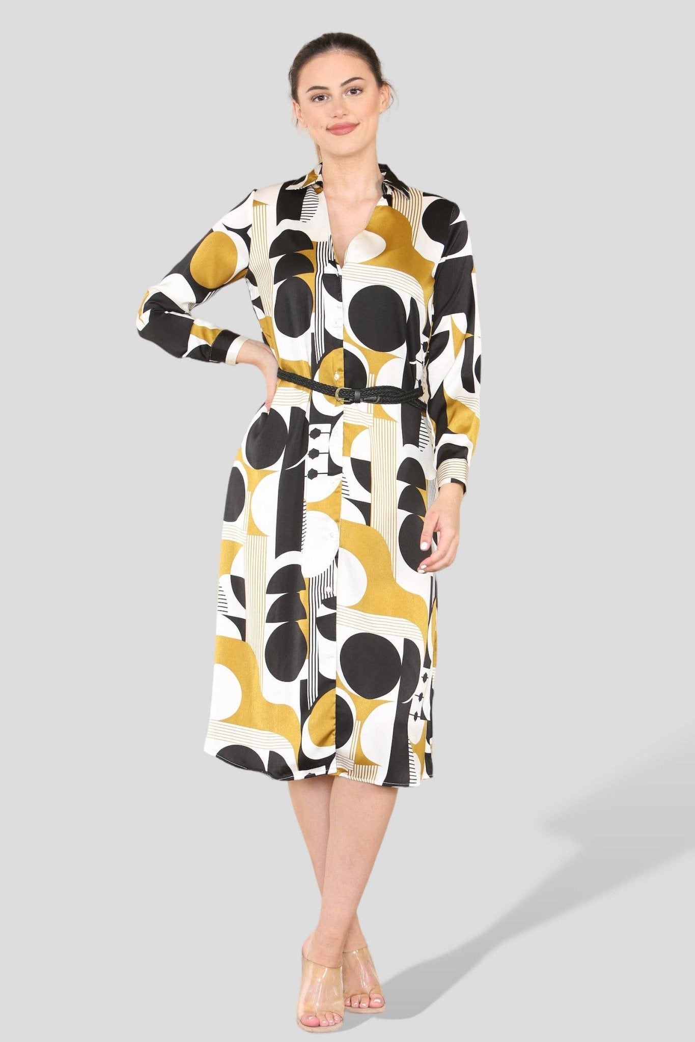 Mustard Graphic Print PU Belt A Line Midi Shirt Dress