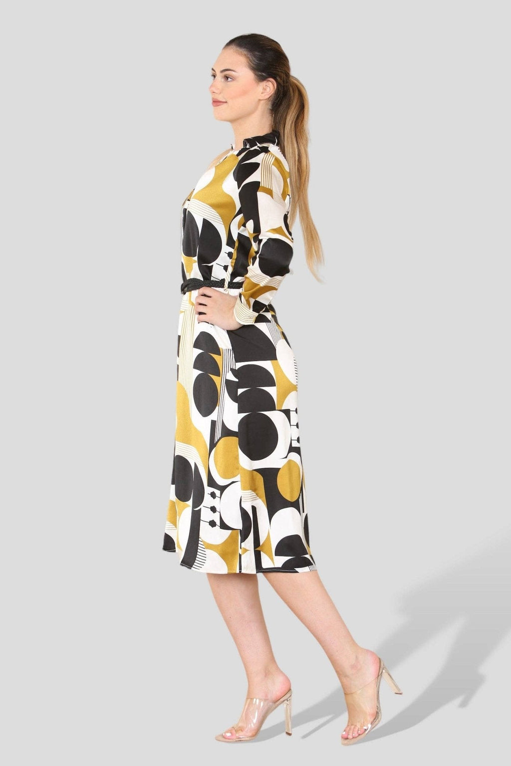 Mustard Graphic Print PU Belt A Line Midi Shirt Dress