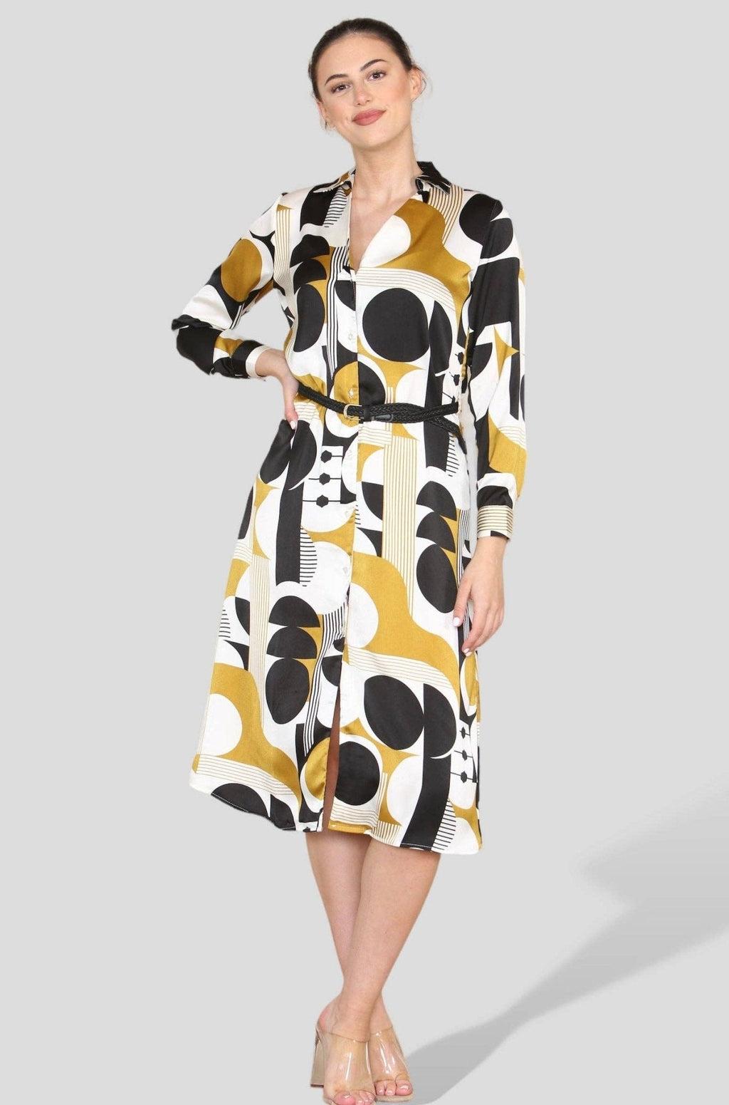 Mustard Graphic Print PU Belt A Line Midi Shirt Dress