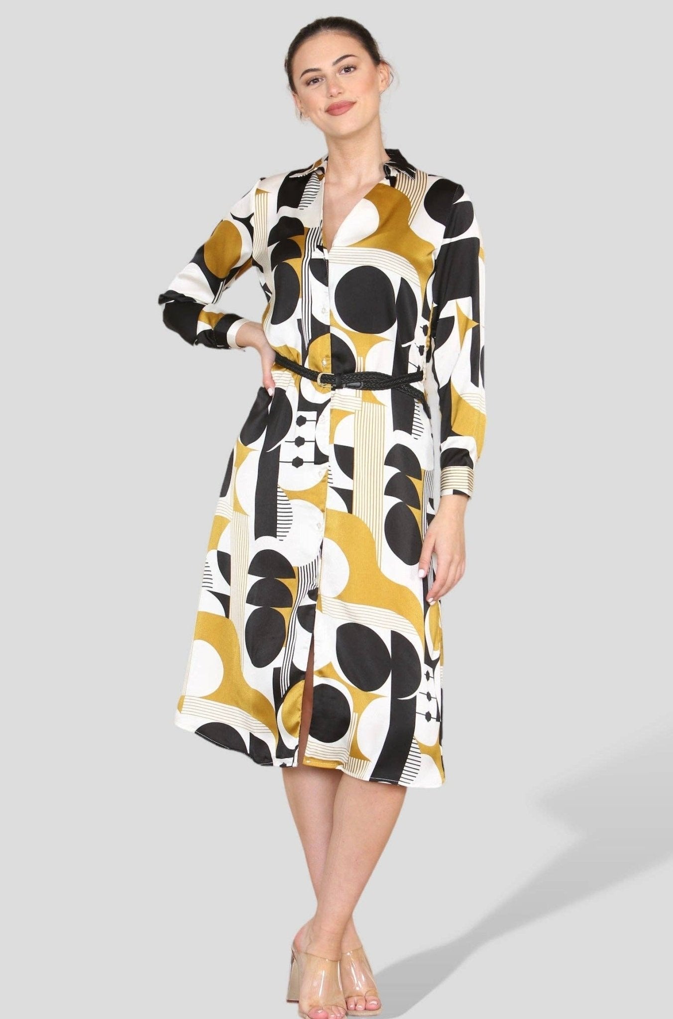 Mustard Graphic Print PU Belt A Line Midi Shirt Dress