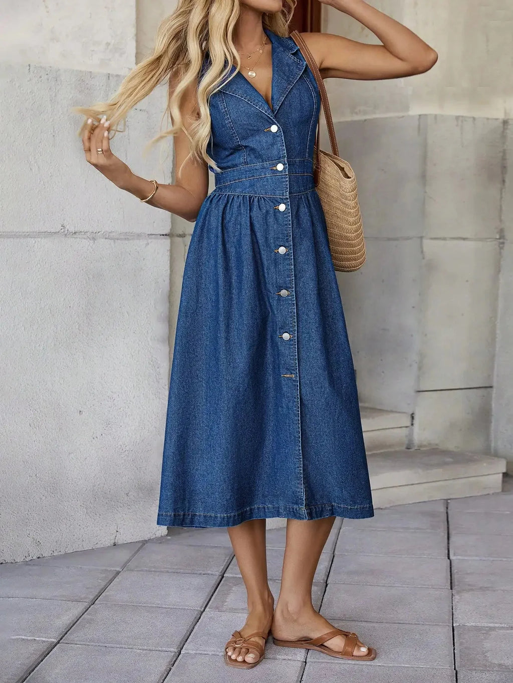 Retro Harbour Style V-neck Sleeveless Denim Dress with High Waist