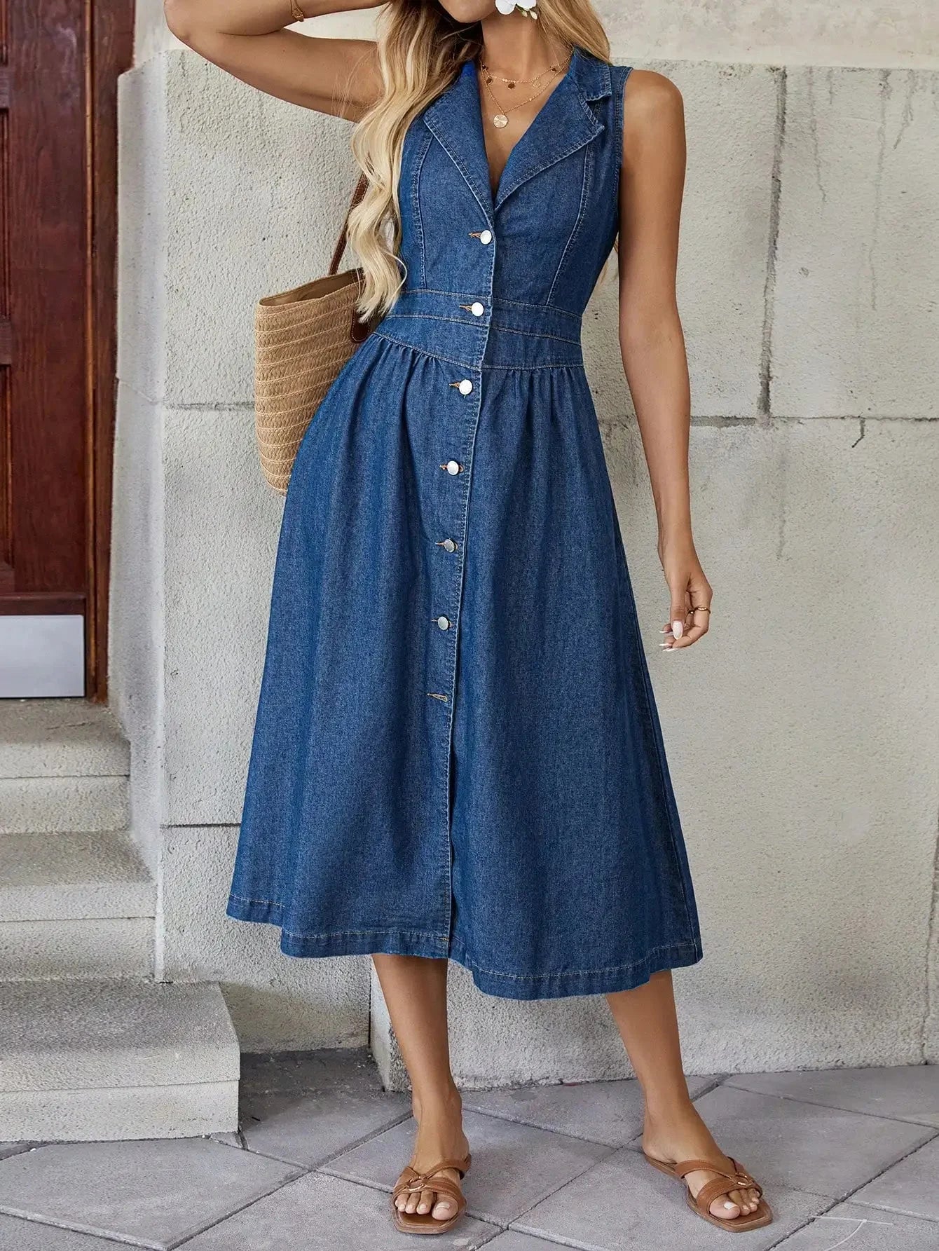 Retro Harbour Style V-neck Sleeveless Denim Dress with High Waist