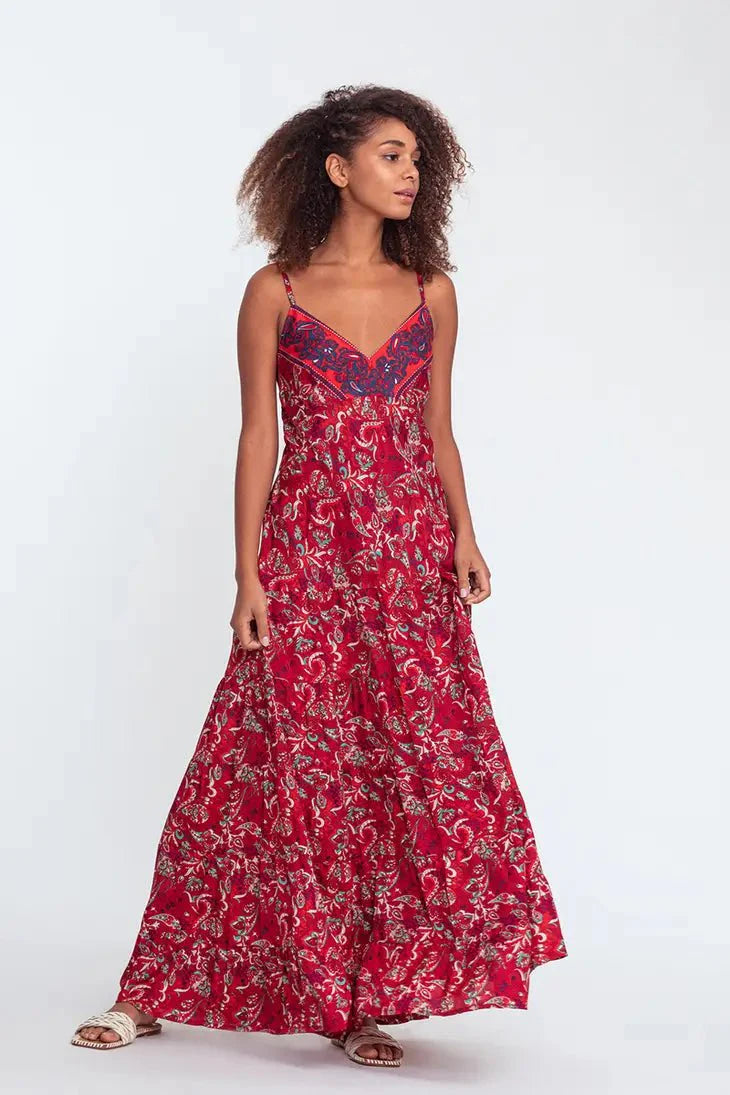 Thin strap floral printed causal ruffles maxi dress