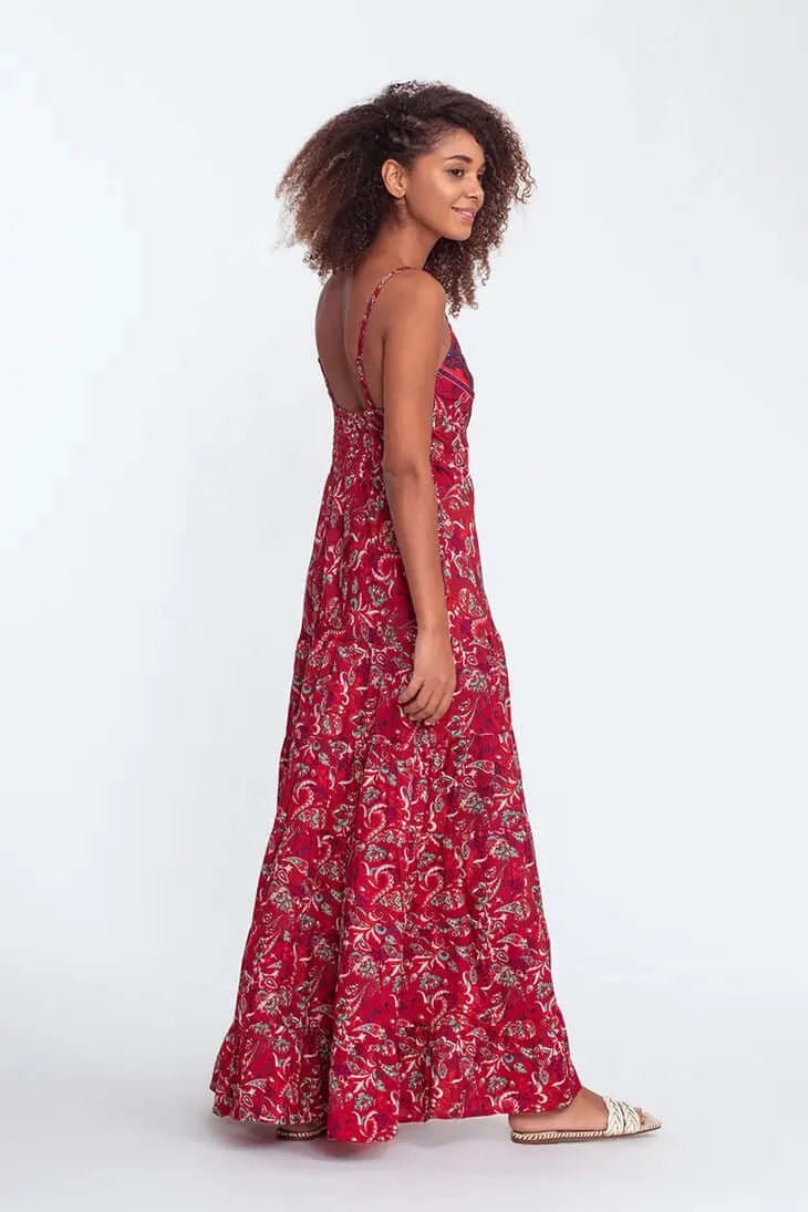 Thin strap floral printed causal ruffles maxi dress