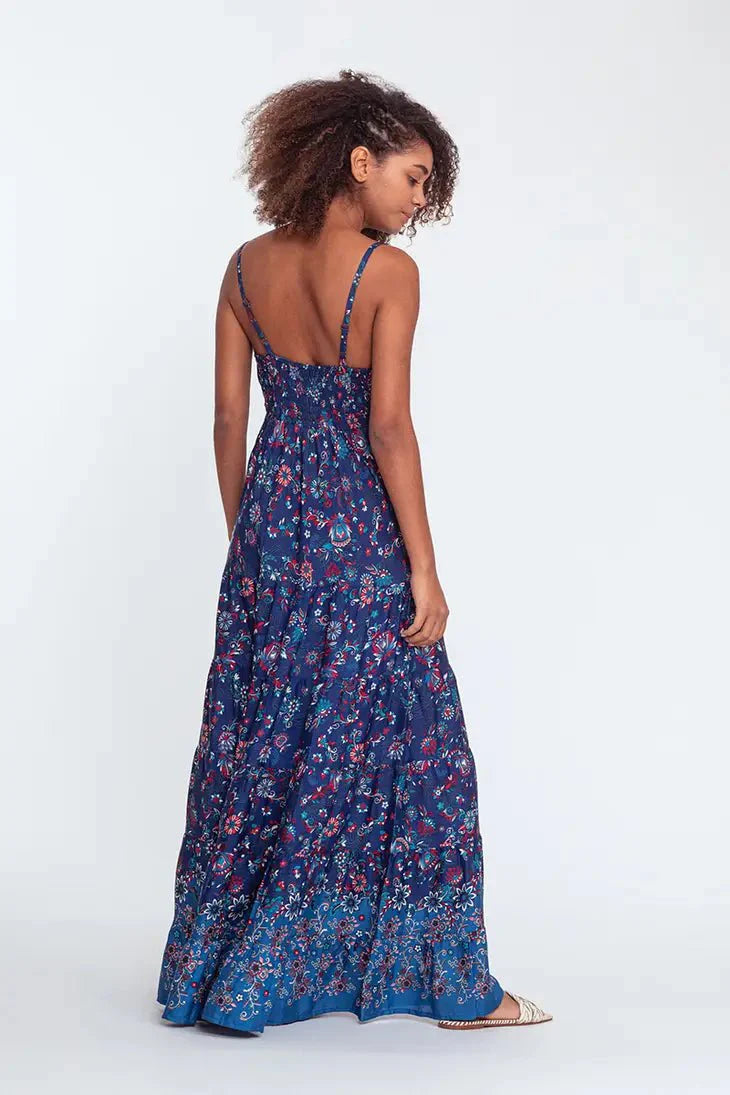 Thin strap floral printed causal ruffles maxi dress