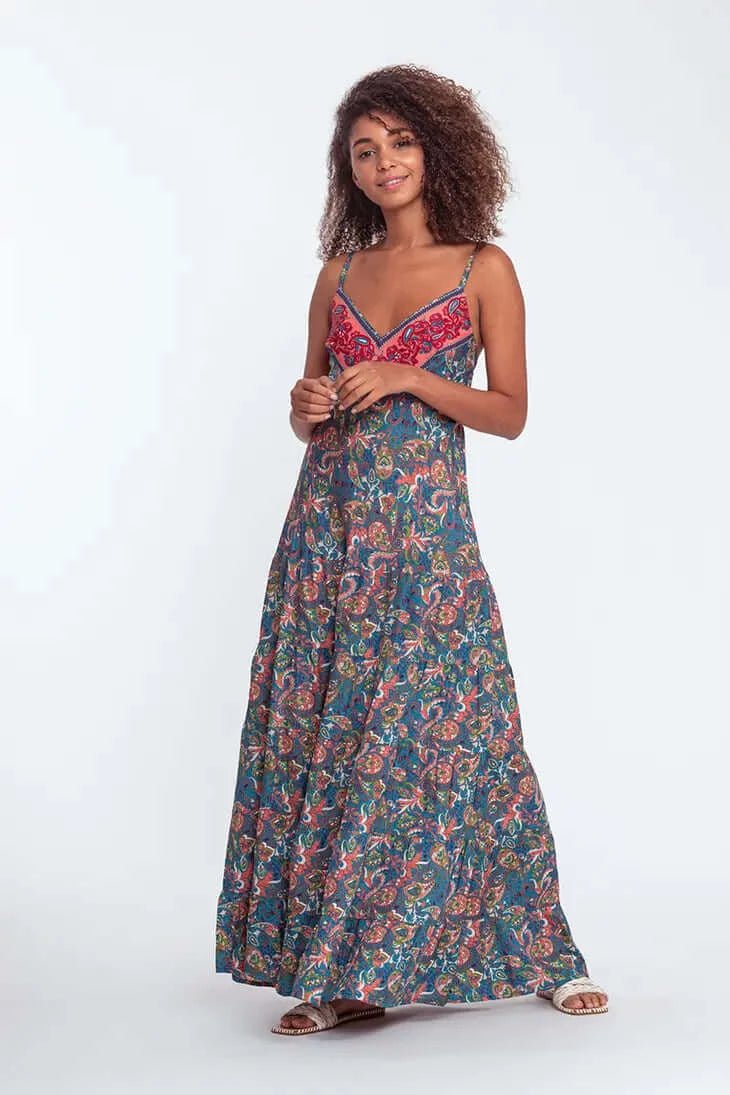 Thin strap floral printed causal ruffles maxi dress