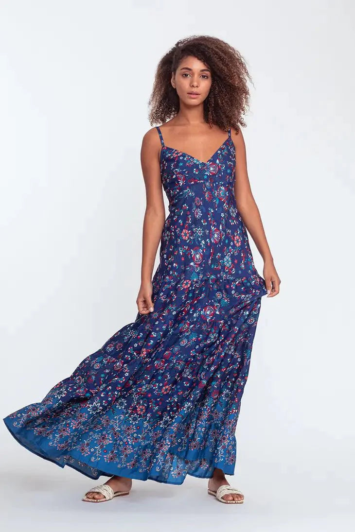 Thin strap floral printed causal ruffles maxi dress
