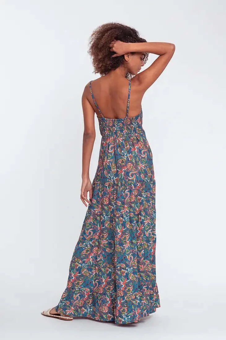 Thin strap floral printed causal ruffles maxi dress